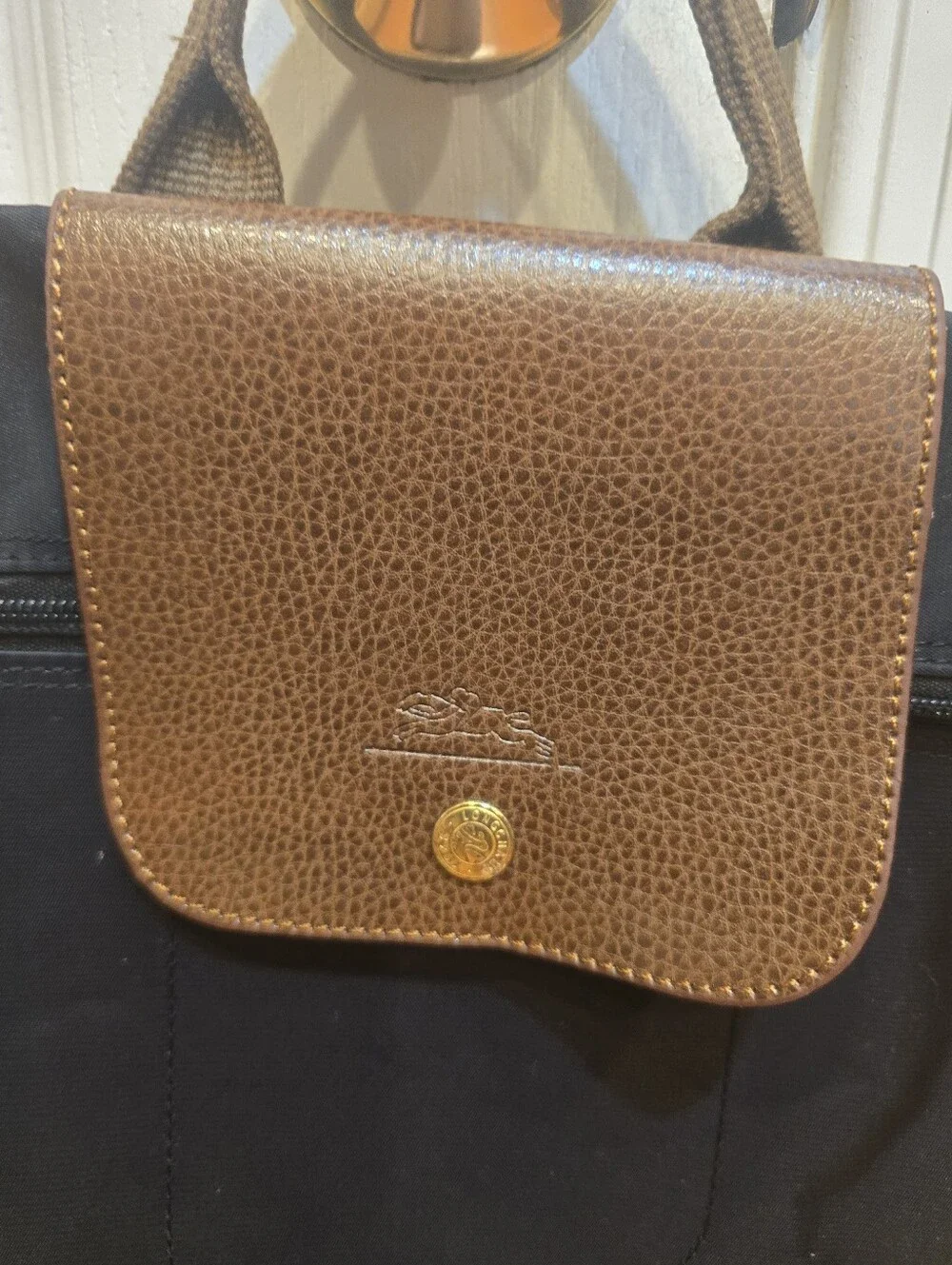 Longchamp Le Pliage Black Backpack Brown Trim Gold Hardware
